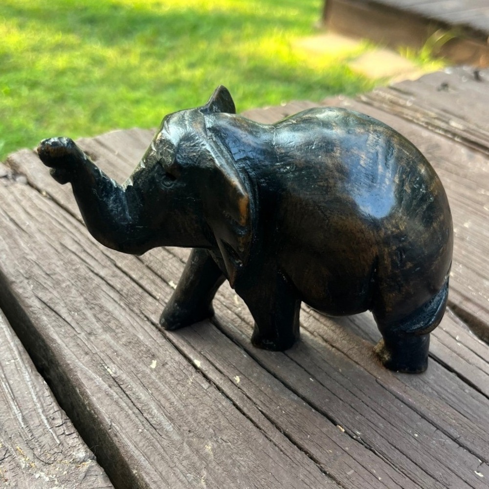 Carved Wooden Elephant Figurine‎ Black Brown Trunk Up Animal Statue